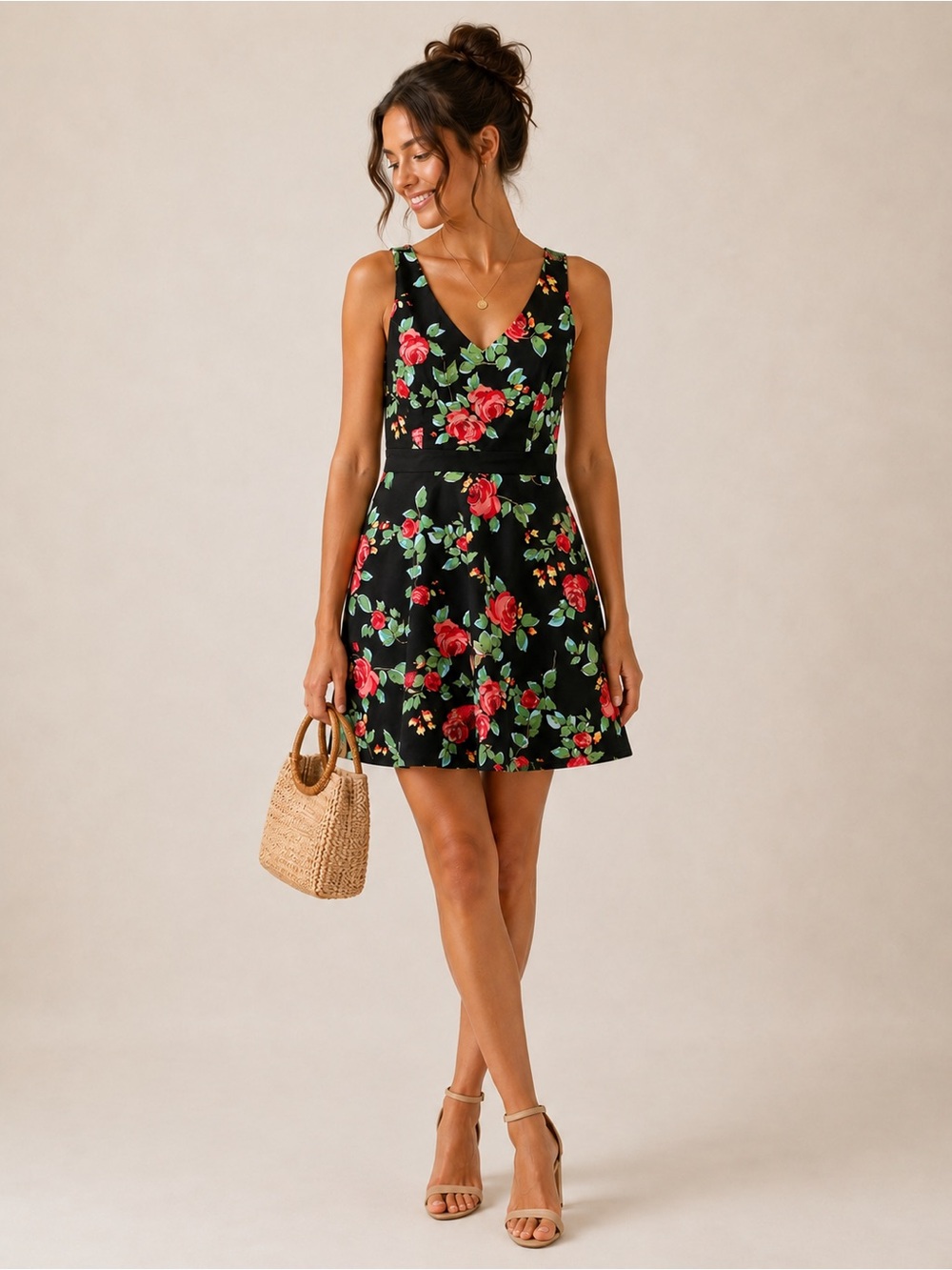 Mica Black Floral Fit & Flare Floral Dress V Neck Cotton Size L Romantic